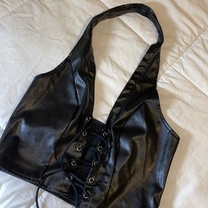 Black faux halter tie up top
